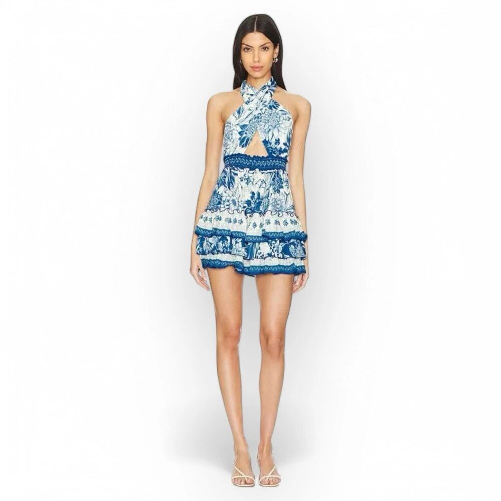 Women’s Agua Bendita Maona Mini Dress Large Halter Neck Stretch Smocked Waist - Picture 2 of 15